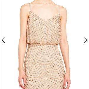 ADRIANNA PAPELL champagne/gold Blouson Bead Dress